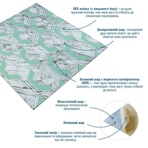 Панель стінова 3D 700х700х4мм Сіро-зелені стільники мармур SW-00002006 SW-00002006 фото